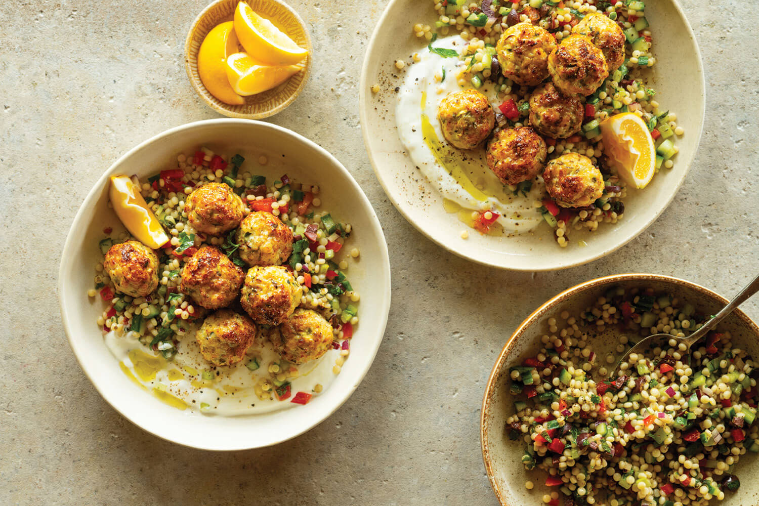 Baked Chicken & Feta Meatballs with Pearl Couscous Salad